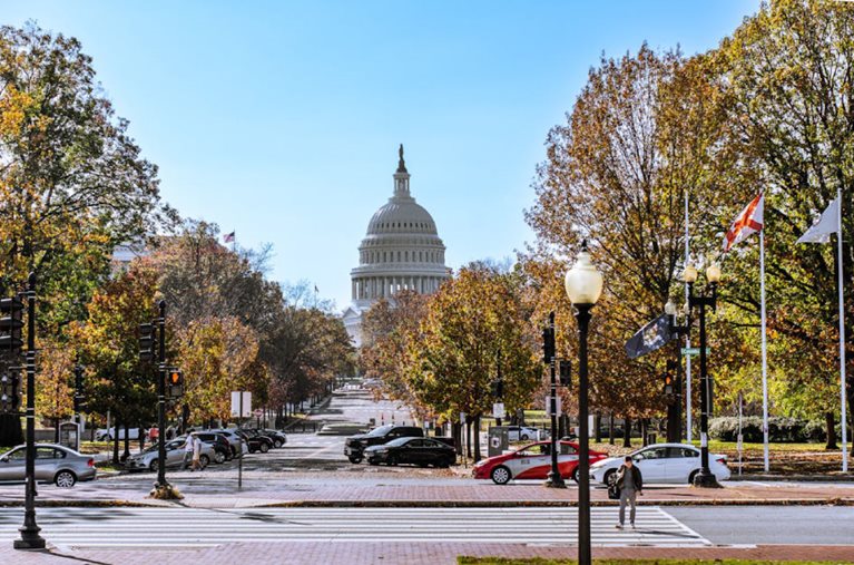 A man is crossing a busy street in Washington, D.C., on a summer day. In the background, the U.S. Capitol can be seen above the trees.