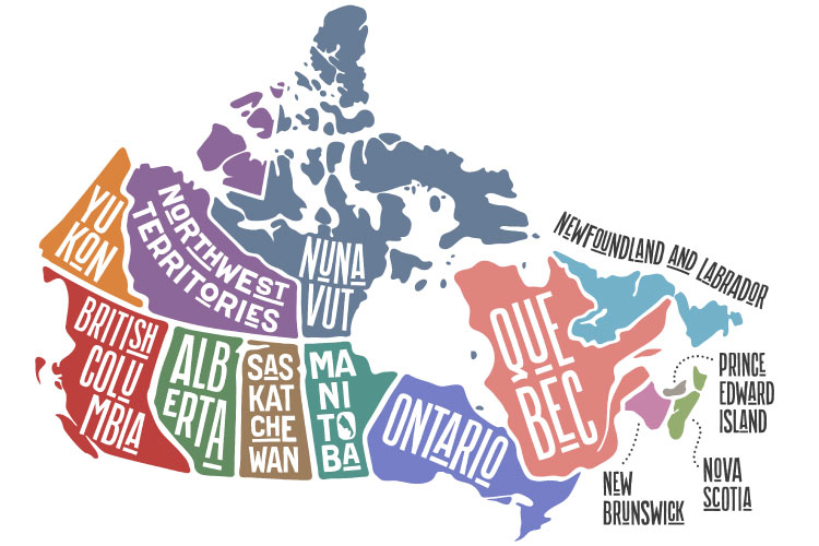 A colorful map showing the Canadian provinces with stylized graphic text labeling each one.