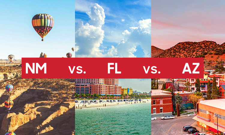 A split image shows a balloon rally in New Mexico on the left, a beach in Florida in the middle, and a desert town in Arizona on the right. An overlaid red box with white letters in the center reads “NM vs. FL vs. AZ.”