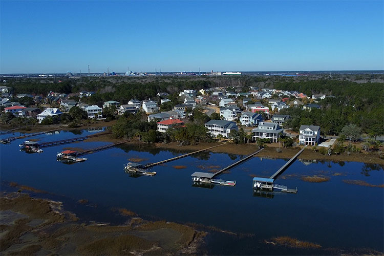 A drone shot of Daniel Island in Charleston, one of the wealthier parts of town