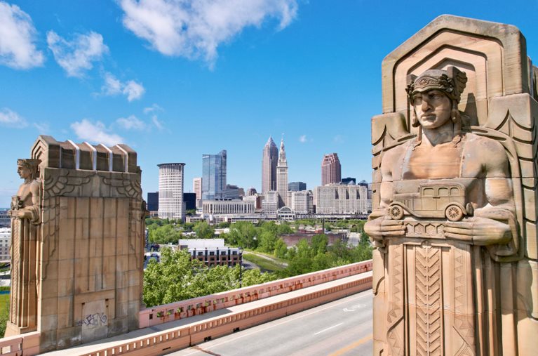 View of the impressive concrete “Guardians of Traffic” on either side of the Hope Memorial Bridge in Cleveland, Ohio.
