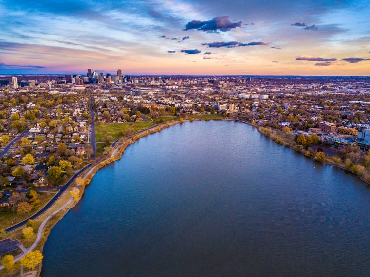 A top-down view of Sloan Lake in Denver.