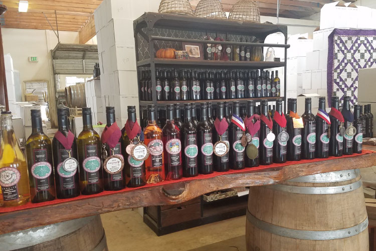 Twenty bottles of wine are lined up along a wooden bar in Sierra Vista, AZ. Several have won awards and are decorated with metals. 