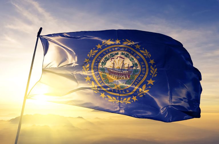 The New Hampshire state flag is flying on a pole against a picturesque backdrop of mountains and a setting sun. The flag consists of a blue background with the state's seal at its center. The seal showcases the frigate Raleigh surrounded by laurel leaves and nine stars.