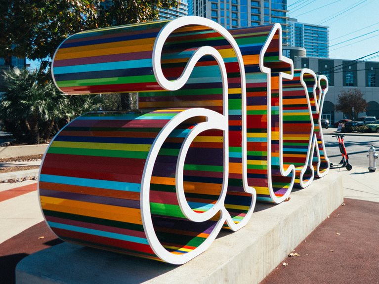 A colorful ATX sign located in Austin, Texas on Fifth and Lamar