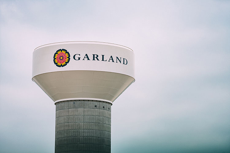 Garland's water tower on a cloudy day
