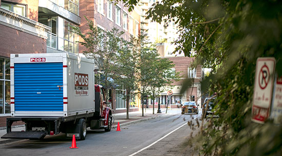 PODS container driving on a Chicago city street