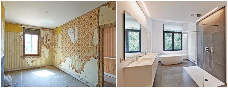A before and after comparison of a primary bathroom remodel project.