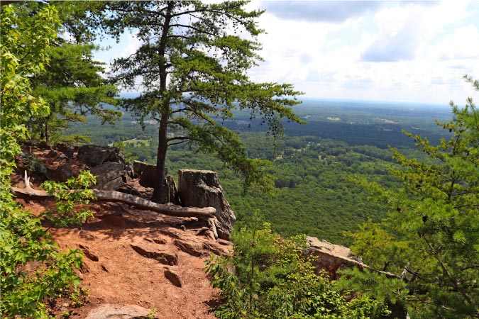 View from the summit of Crowders Mountain in North Carolina, featuring a scenic view of the surrounding forests