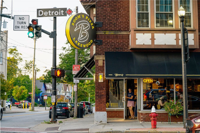 Exterior view of Boom’s Pizza, a favorite foodie spot in the Cleveland area.