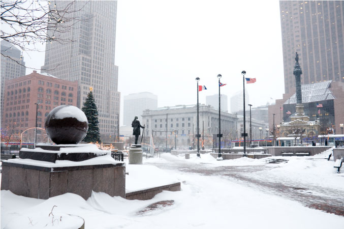 Downtown Cleveland, Ohio, covered in snow after a winter storm.