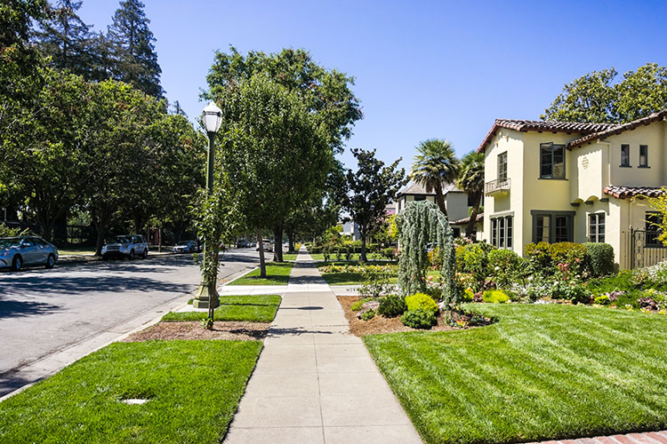 A residential neighborhood in San Jose, California. There is a cream two-story home with plenty of green lawn and trees. 
