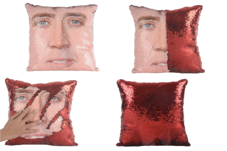 Four sequin pillows are set against a white background. The top left pillow shows Nicolas Cage’s face in full, the pillow beside it shows half of his face and half red sequins. The bottom left pillow shows a hand changing the direction of the sequins to reveal some of Nicolas Cage’s face and the pillow beside it is all red sequins.