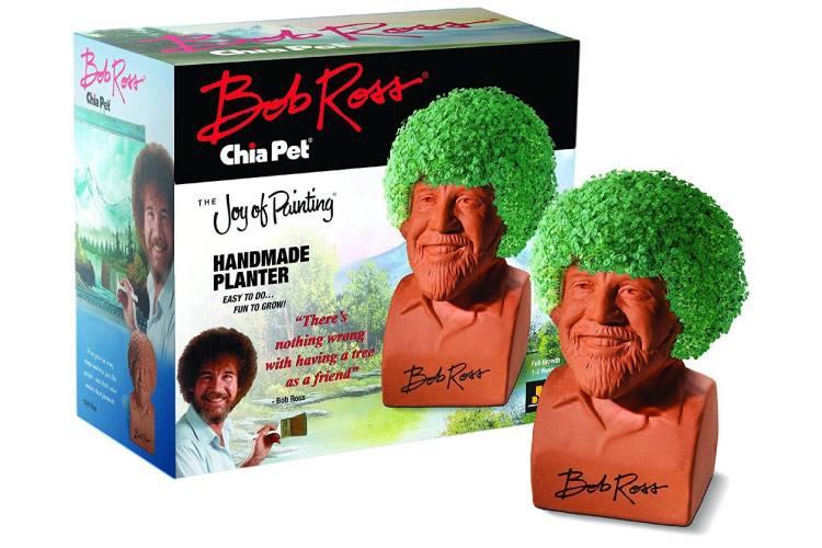 A Bob Ross Chia Pet beside the box it came in is set against a white background.