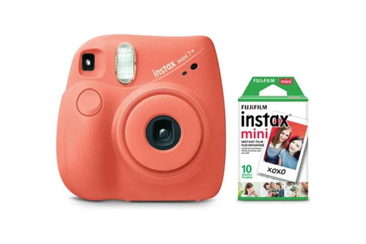 A pink Instax Mini Camera and a 10-pack of Fujifilm.