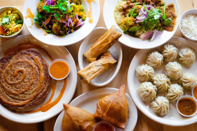 A colorful and tasty-looking variety of dishes from Cincinnati’s Bridges Nepali Cuisine restaurant.