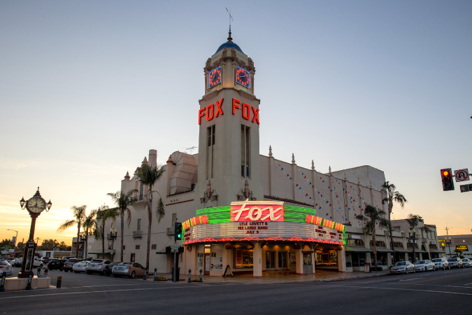 Sunset view of the historic Fox Theater in Downtown Bakersfield, California, seen from across the street.