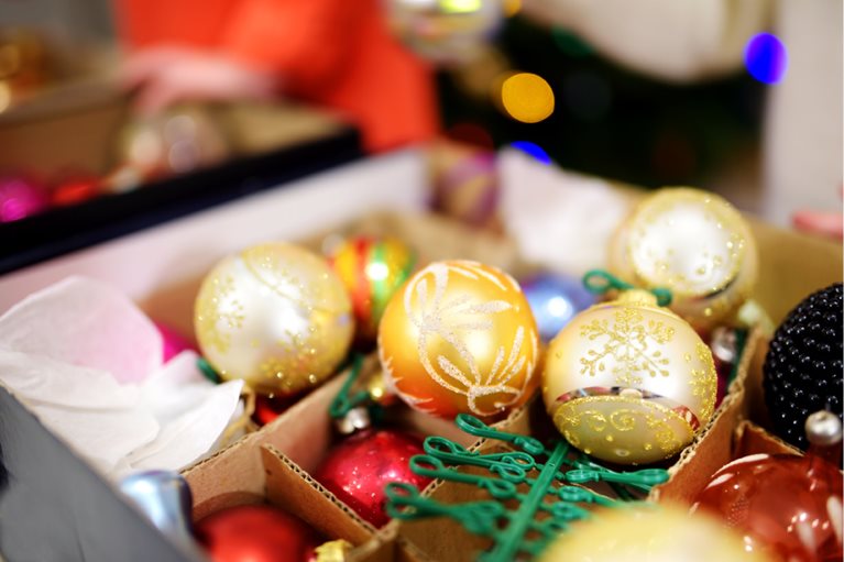 Christmas tree ornaments in a storage box