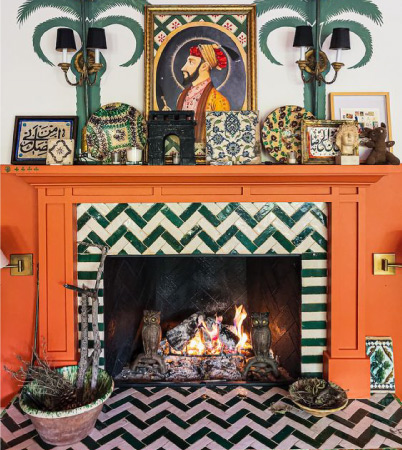 Calling all fans of color, pattern, and mantel adornment! A maximalist fireplace is the way to go if you want to hang a big piece of statement art above your mantel, tile your hearth, and paint your surround.