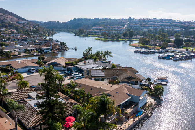 Aerial view of Lake San Marcos and the surrounding waterfront neighborhoods in San Marcos, California (one of our favorite cities near San Diego)