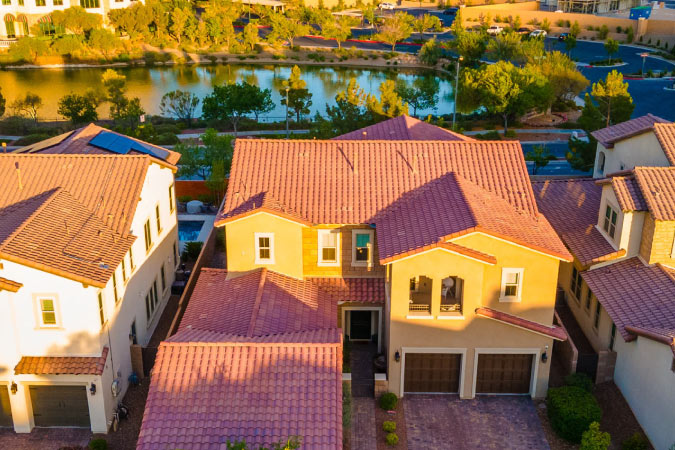 Aerial sunset view of a luxury home in Southern Highlands, one of the best Las Vegas suburbs