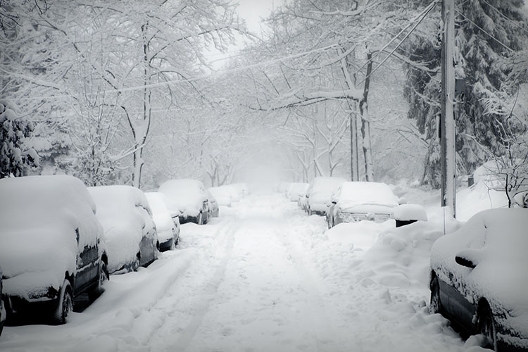 Snow-covered streets and cars in a Pennsylvania winter