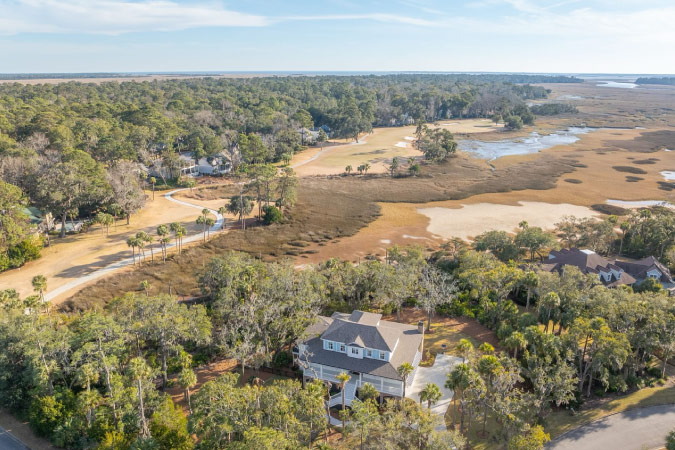 Aerial view of a marshfront property in The Landings on Skidaway Island outside of Savannah, Georgia.