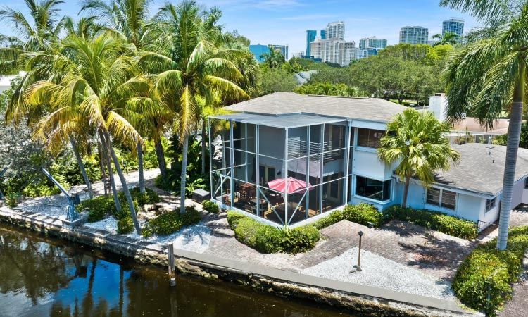Aerial view of a waterfront home in Fort Lauderdale, Florida.