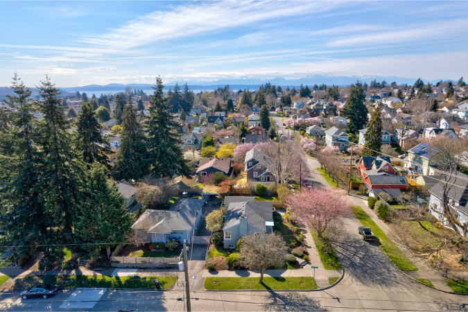 Aerial view of Seattle’s quaint Loyal Heights neighborhood on a sunny day.
