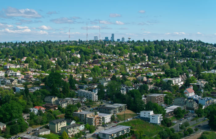 Aerial view of Seattle’s North Queen Ann neighborhood on a sunny day.