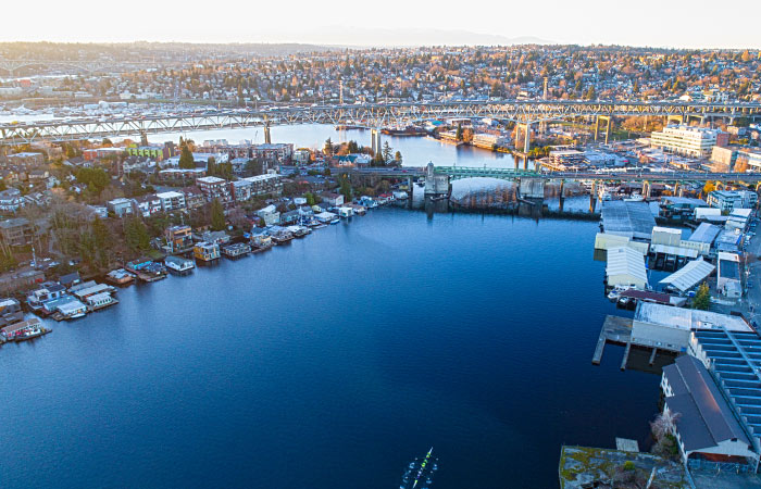 Aerial view of the waterfront Portage Bay neighborhood in Seattle, Washington. 