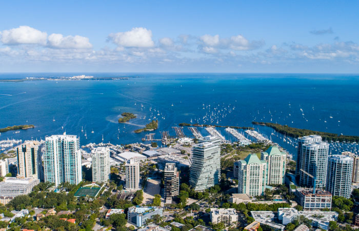  Aerial view of Miami’s Coconut Grove neighborhood with its gorgeous waterfront views.
