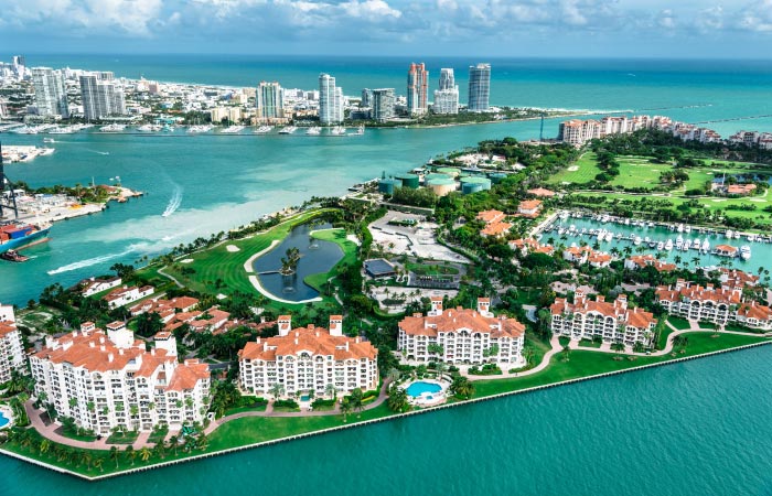 Aerial view of the luxurious Fisher Island suburb outside of Miami, Florida.
