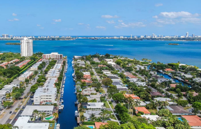 Aerial view of Miami Shores, Florida, on a sunny summer day.