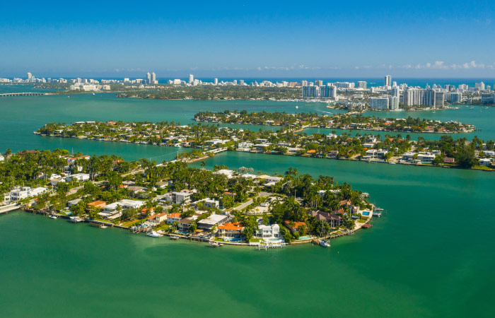 Aerial view of the sought-after Venetian Islands neighborhood in Miami, Florida. 