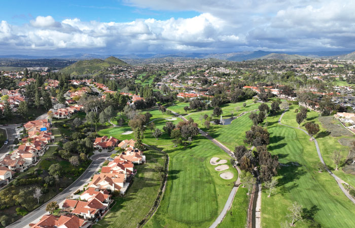 Aerial view of a golf course and surrounding neighborhoods in the Rancho Bernardo area of San Diego.