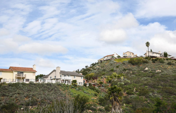 Residential homes perched atop hills in San Diego’s Rancho Penasquitos neighborhood.