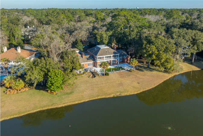 Aerial view of a luxury waterfront home in The Landings neighborhood on Skidaway Island.