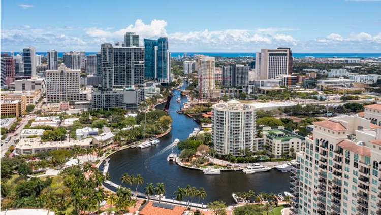 Aerial view of the Sailboat Bend neighborhood in Fort Lauderdale, Florida, and the North Fork of New River.