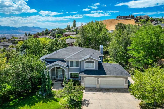 Aerial view of a large single-family home in the Capitol Hill neighborhood of Salt Lake City, Utah.