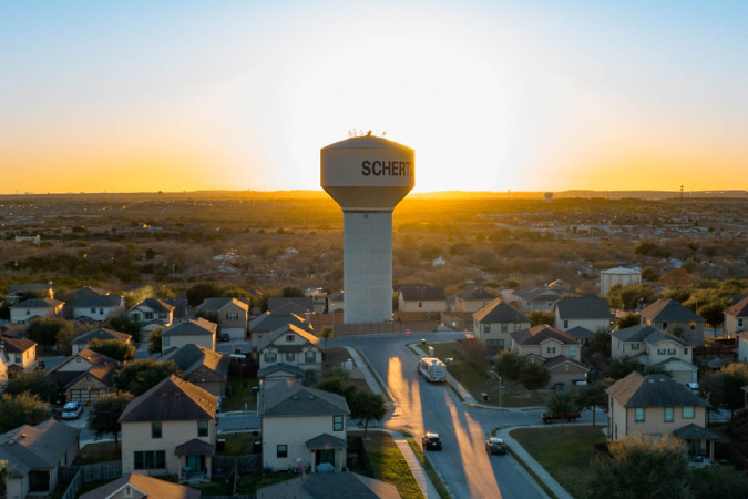 Aerial sunrise view of Schertz, Texas, a suburb of San Antonio