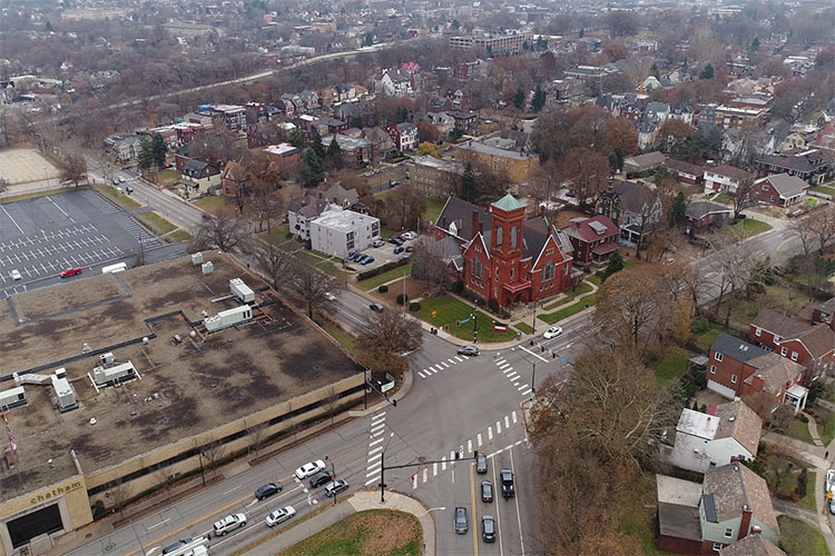 Aerial view of Pittsburgh’s Shadyside neighborhood on a cloudy day