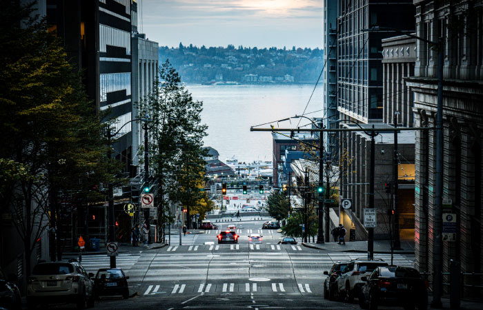 Part of the downtown Seattle district looking toward the water