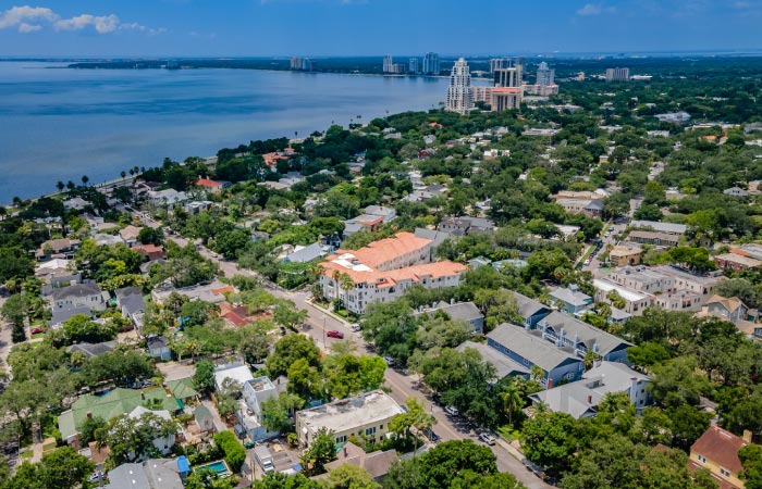 Aerial view of Hyde Park and South Tampa on a sunny day