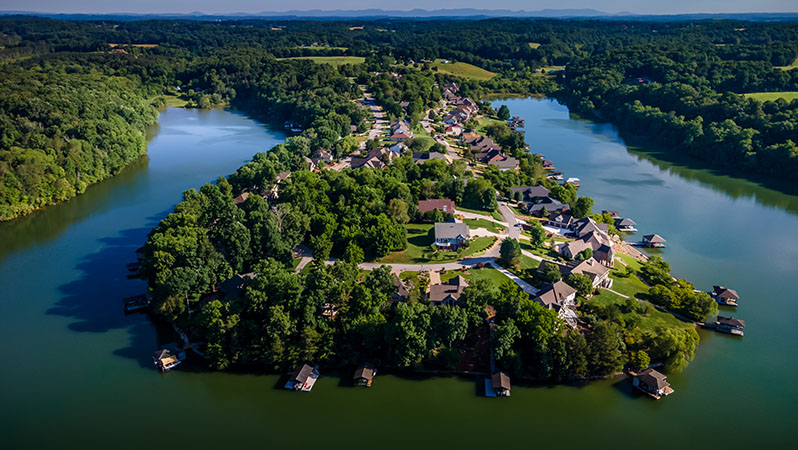 Lakefront cul-de-sacs and residential roads on the Tellico Lake reservoir in Tennessee
