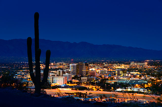 The Tucson skyline at night. A saguaro cactus sits in the foreground, silhouetted by the city lights