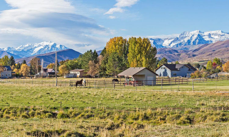 A panoramic view of Midway, Utah, on a sunny summer day. There are large homes on expansive lots. Horses are grazing in the fields, and there’s still snow on the mountains in the distance. 