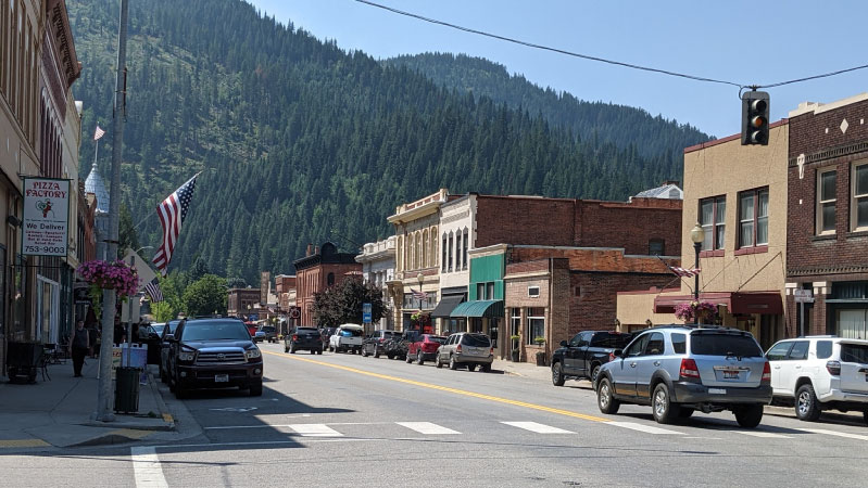 Historic downtown Wallace, Idaho, on a sunny day.