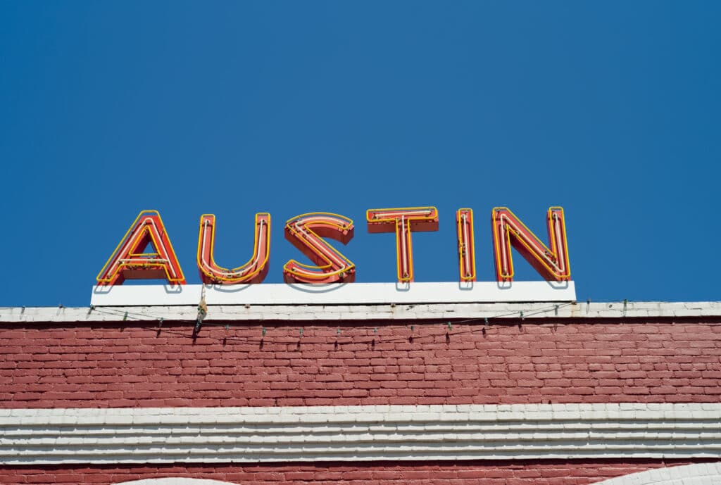 Sign spelling out Austin